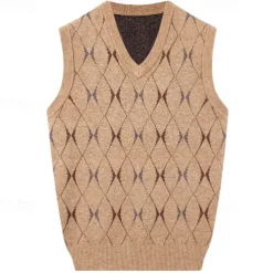 Men Sweater Vest Knit Geometric V Neck Smart Casual Formal Vacation Clothing Apparel Spring Autumn Wine Dark Green S M L