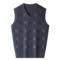 Men Sweater Vest Knit Geometric V Neck Smart Casual Formal Vacation Clothing Apparel Spring Autumn Wine Dark Green S M L