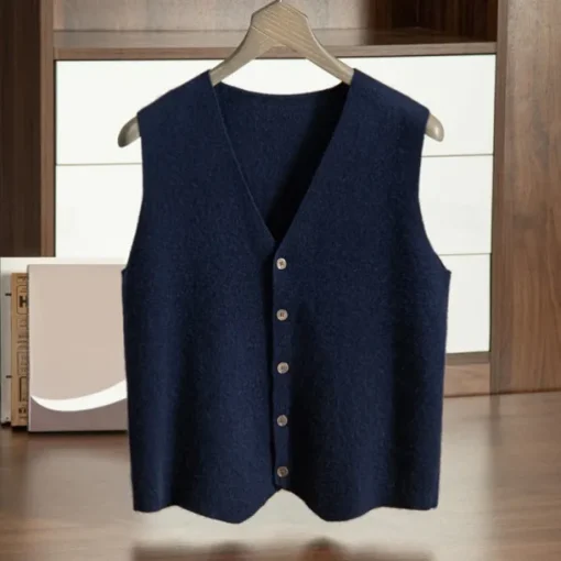 Men's 100% Cashmere Cardigan Vest Knit Button Up V Neck Knitwear Elegant School Formal Clothing Apparel Spring Fall Black Navy Blue S M L