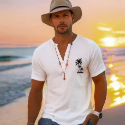 Men's 100% Cotton Graphic Shirt Coconut Tree White Blue Gray T shirt Tee Henley Shirt Fashion Classic Shirt Short Sleeve Comfortable Tee Street Vacation Summer Fashion Designer Clothing