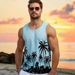 Men's 100% Cotton Graphic Tank Top Casual Vest Top Coconut Tree Fashion Hawaiian Undershirt Street Daily Beach T shirt White Blue Short Sleeve Crew Neck Shirt Spring & Summer Clothing Apparel