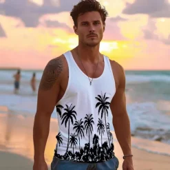 Men's 100% Cotton Graphic Tank Top Casual Vest Top Coconut Tree Fashion Hawaiian Undershirt Street Daily Beach T shirt White Blue Short Sleeve Crew Neck Shirt Spring & Summer Clothing Apparel