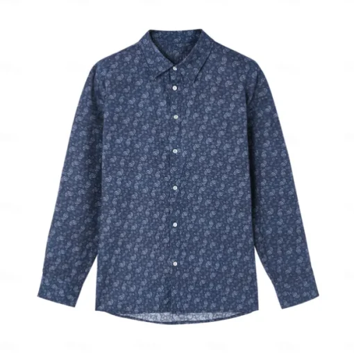 Men's 100% Cotton Paisley Shirt Button Down Shirt Casual Shirt Long Sleeve Vintage Hawaiian Artistic School Performance Wedding Spring Fall Turndown Button Up Navy Blue