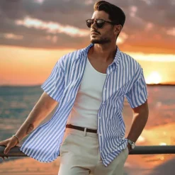 Men's 100% Cotton Shirt Blue Short Sleeve Striped Turndown Shirt Collar Work Sports & Outdoor Button Clothing Apparel Vacation Daily Casual Daily