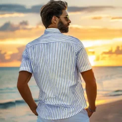 Men's 100% Cotton Shirt Blue Short Sleeve Striped Turndown Shirt Collar Work Sports & Outdoor Button Clothing Apparel Vacation Daily Casual Daily