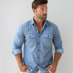 Men's 100% Cotton Shirt Button Up Shirt Casual Shirt Button Down Shirt Blue Long Sleeve Solid Color Turndown Shirt Collar Outdoor Work Pocket Clothing Apparel Neutral Daily Sports & Outdoors