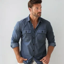 Men's 100% Cotton Shirt Button Up Shirt Casual Shirt Button Down Shirt Blue Long Sleeve Solid Color Turndown Shirt Collar Outdoor Work Pocket Clothing Apparel Neutral Daily Sports & Outdoors
