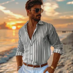 Men's 100% Cotton Shirt Summer Shirt Button Up Shirt Casual Shirt Black Blue Long Sleeve Stripes Lapel Daily Wear Vacation Clothing Apparel Cotton Fashion Hawaiian Casual
