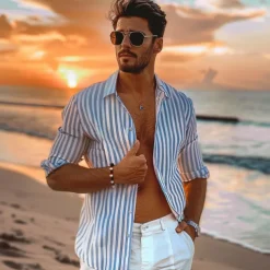 Men's 100% Cotton Shirt Summer Shirt Button Up Shirt Casual Shirt Black Blue Long Sleeve Stripes Lapel Daily Wear Vacation Clothing Apparel Cotton Fashion Hawaiian Casual