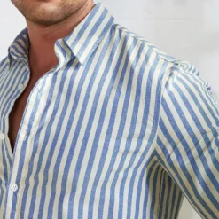 Men's 100% Cotton Shirt Summer Shirt Button Up Shirt Casual Shirt Black Blue Long Sleeve Stripes Lapel Daily Wear Vacation Clothing Apparel Cotton Fashion Hawaiian Casual