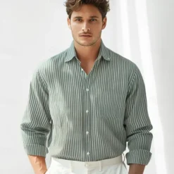 Men's 100% Cotton Striped Oxford Shirt Black Blue Green Light Grey Long Sleeve Shirt Collar School Wedding Clothing Apparel Vacation Vintage Neutral Fashion