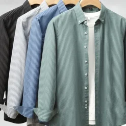 Men's 100% Cotton Striped Oxford Shirt Black Blue Green Light Grey Long Sleeve Shirt Collar School Wedding Clothing Apparel Vacation Vintage Neutral Fashion
