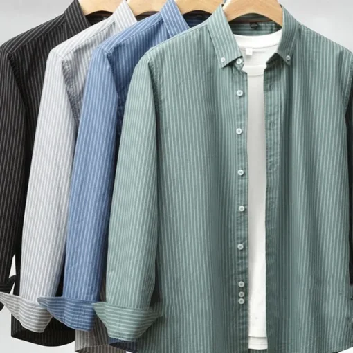 Men's 100% Cotton Striped Oxford Shirt Black Blue Green Light Grey Long Sleeve Shirt Collar School Wedding Clothing Apparel Vacation Vintage Neutral Fashion