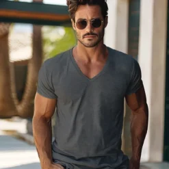 Men's 100% Cotton T shirt Tee Solid Color V Neck non-printing Sports & Outdoor Short Sleeve V Neck Clothing Apparel Daily
