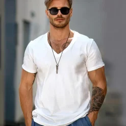 Men's 100% Cotton T shirt Tee Solid Color V Neck non-printing Sports & Outdoor Short Sleeve V Neck Clothing Apparel Daily