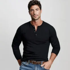 Men's 100% Cotton T-Shirt Solid Color Crew Neck Normal Outdoor Gift Long Sleeve Button Crewneck Clothing Apparel Daily Sports & Outdoors