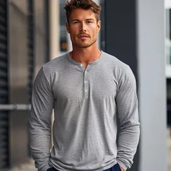 Men's 100% Cotton T-Shirt Solid Color Crew Neck Normal Outdoor Gift Long Sleeve Button Crewneck Clothing Apparel Daily Sports & Outdoors