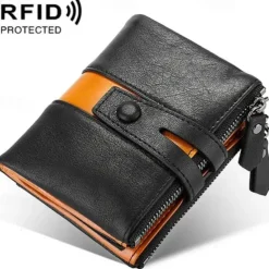 Men's 100% Cowhide Leather Zipper Wallet RFID Blocking ID Card Holder Coin Purse