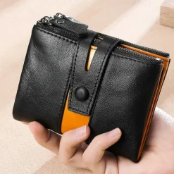 Men's 100% Cowhide Leather Zipper Wallet RFID Blocking ID Card Holder Coin Purse
