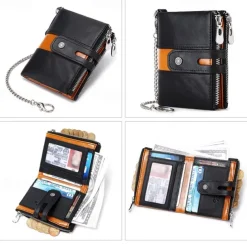 Men's 100% Cowhide Leather Zipper Wallet RFID Blocking ID Card Holder Coin Purse