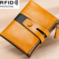 Men's 100% Cowhide Leather Zipper Wallet RFID Blocking ID Card Holder Coin Purse