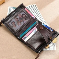 Men's 100% Cowhide Leather Zipper Wallet RFID Blocking ID Card Holder Coin Purse