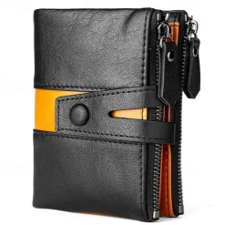 Men's 100% Cowhide Leather Zipper Wallet RFID Blocking ID Card Holder Coin Purse