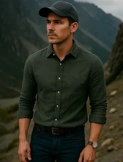 Men's 100% Linen Shirt wash-and-wear no-iron Blue Army Green Beige Long Sleeve Solid Color Rolled collar Outdoor Causal Buttons Clothing Apparel Daily Casual Daily Leisure