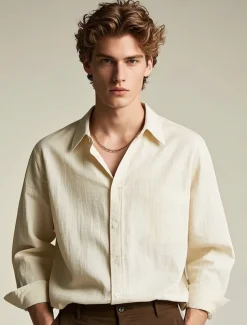 Men's 100% Linen Shirt wash-and-wear no-iron Blue Army Green Beige Long Sleeve Solid Color Rolled collar Outdoor Causal Buttons Clothing Apparel Daily Casual Daily Leisure