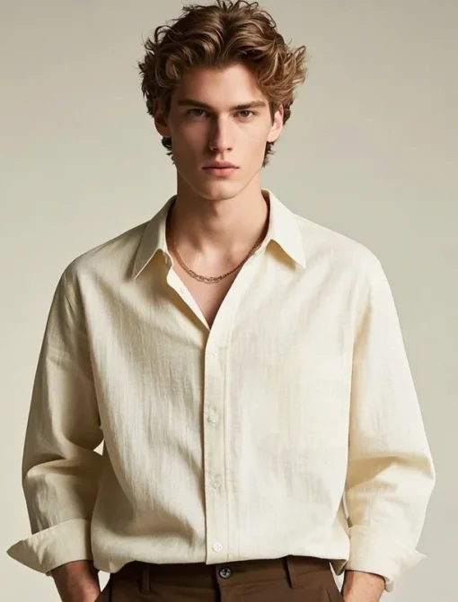 Men's 100% Linen Shirt wash-and-wear no-iron Blue Army Green Beige Long Sleeve Solid Color Rolled collar Outdoor Causal Buttons Clothing Apparel Daily Casual Daily Leisure
