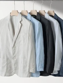 Men's 100% Linen Blazer Blazer Business Cocktail Party Wedding Party Fashion Casual Spring Autumn / Fall 100% Linen Solid Color Pocket Buttons Comfortable Single Breasted Blazer Black White Navy Blue