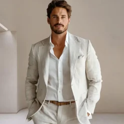 Men's 100% Linen Blazer Jacket Wedding Party Anniversary Summer Spring Linen Solid Color Single Breasted One-button Blazer Blue Beige
