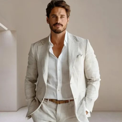 Men's 100% Linen Blazer Jacket Wedding Party Anniversary Summer Spring Linen Solid Color Single Breasted One-button Blazer Blue Beige