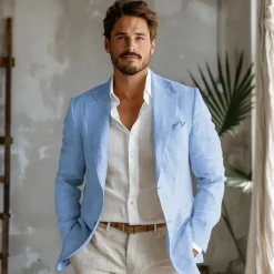Men's 100% Linen Blazer Jacket Wedding Party Anniversary Summer Spring Linen Solid Color Single Breasted One-button Blazer Blue Beige