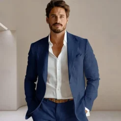 Men's 100% Linen Blazer Jacket Wedding Party Anniversary Summer Spring Linen Solid Color Single Breasted One-button Blazer Blue Beige