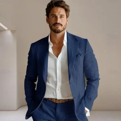 Men's 100% Linen Blazer Jacket Wedding Party Anniversary Summer Spring Linen Solid Color Single Breasted One-button Blazer Blue Beige