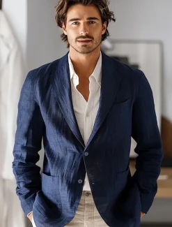 Men's 100% Linen Blazer Jacket Wedding Party Anniversary Summer Spring Linen Solid Color Single Breasted One-button Blazer Blue Beige