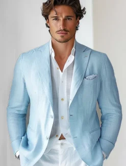 Men's 100% Linen Blazer Jacket Wedding Party Anniversary Summer Spring Linen Solid Color Single Breasted One-button Blazer Blue Beige