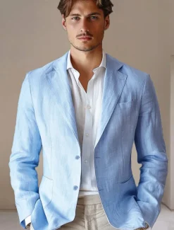 Men's 100% Linen Blazer Jacket Wedding Party Anniversary Summer Spring Linen Solid Color Single Breasted One-button Blazer Blue Beige