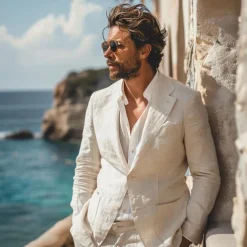 Men's 100% Linen Blazer Jacket Wedding Party Casual Elegant Vacation Summer Spring Linen Blue Linen Blazer Solid Color Single Breasted Two-button Blazer Blue Beige
