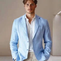 Men's 100% Linen Blazer Jacket Wedding Party Casual Elegant Vacation Summer Spring Linen Blue Linen Blazer Solid Color Single Breasted Two-button Blazer Blue Beige