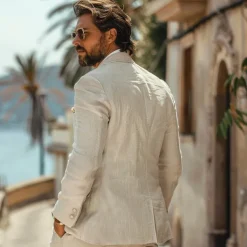 Men's 100% Linen Blazer Jacket Wedding Party Casual Elegant Vacation Summer Spring Linen Blue Linen Blazer Solid Color Single Breasted Two-button Blazer Blue Beige