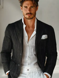Men's 100% Linen Blazer Lightweight Jacket Outdoor Casual Without Lining Classic & Timeless Chic & Modern Spring & Fall Linen Vertical Stripes Artistic Style Classic Style Blazer Black Navy Blue