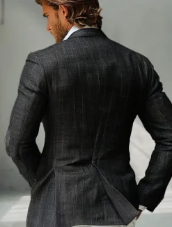 Men's 100% Linen Blazer Lightweight Jacket Outdoor Casual Without Lining Classic & Timeless Chic & Modern Spring & Fall Linen Vertical Stripes Artistic Style Classic Style Blazer Black Navy Blue