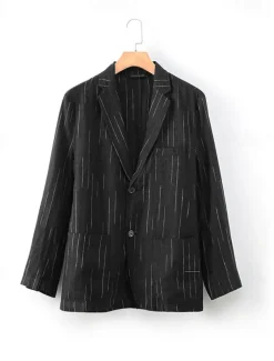Men's 100% Linen Blazer Lightweight Jacket Outdoor Casual Without Lining Classic & Timeless Chic & Modern Spring & Fall Linen Vertical Stripes Artistic Style Classic Style Blazer Black Navy Blue