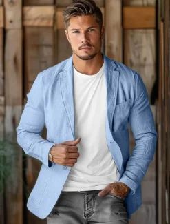 Men's 100% Linen Blazer Mens Linen Jackets Formal Evening Wedding Party Blue Summer Blazer Fashion Casual Spring & Summer Pocket Casual / Daily Single Breasted Blazer Beige Light Blue