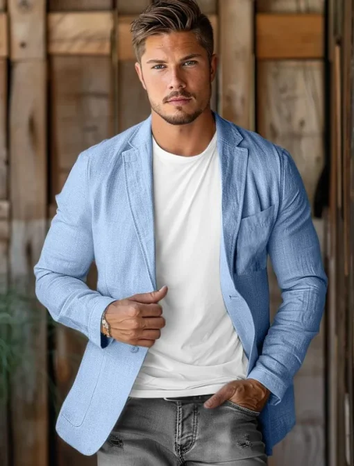 Men's 100% Linen Blazer Mens Linen Jackets Formal Evening Wedding Party Blue Summer Blazer Fashion Casual Spring & Summer Pocket Casual / Daily Single Breasted Blazer Beige Light Blue