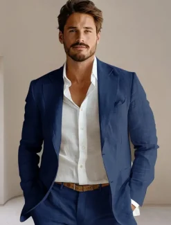 Men's 100% Linen Blazer Mens Linen Jackets Formal Evening Wedding Party Blue Summer Blazer Fashion Casual Spring & Summer Pocket Casual / Daily Single Breasted Blazer Beige Light Blue