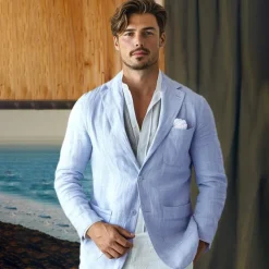 Men's 100% Linen Blazer Suits Outdoor Pocket Spring Blue Linen Jacket & Fall 100% Linen Solid Color Button Pocket Single Breasted Blazer Blue Beige