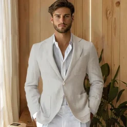 Men's 100% Linen Blazer Suits Outdoor Pocket Spring Blue Linen Jacket & Fall 100% Linen Solid Color Button Pocket Single Breasted Blazer Blue Beige